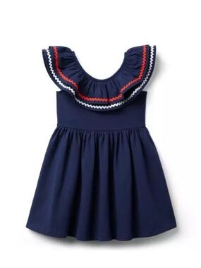 Janie and Jack Girls Navy Dress with Red and White Ric Rac Accent